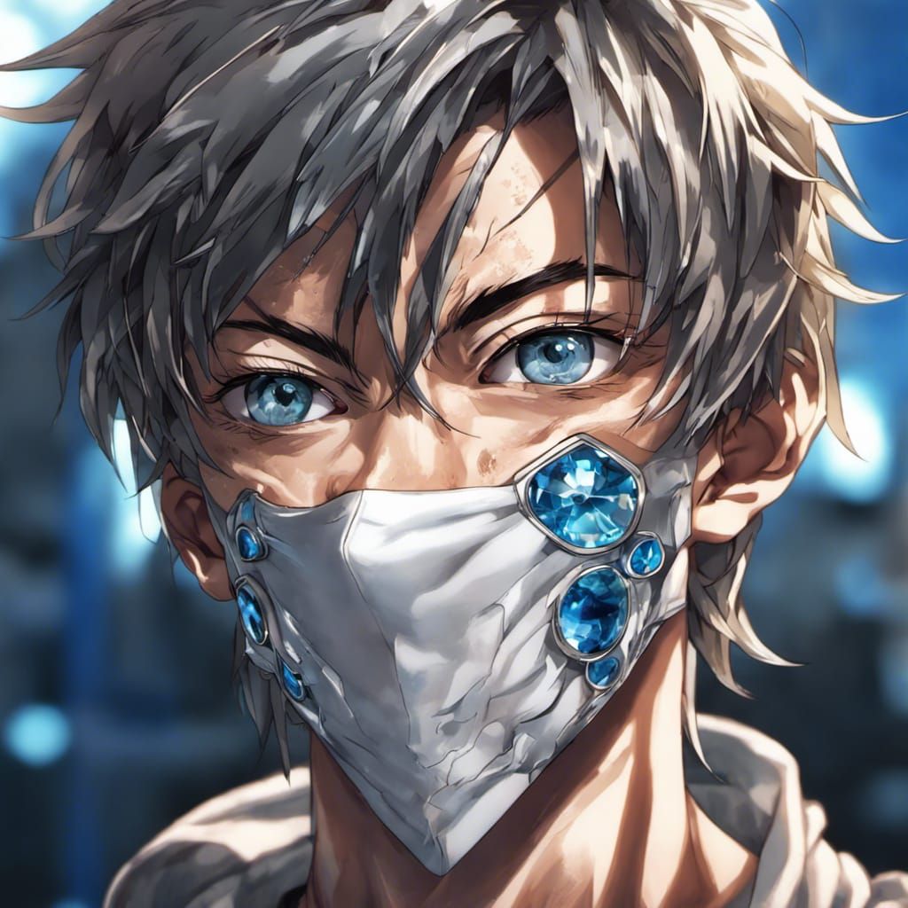anime, takes off his mask, smiles, open eyes, portrait, crys...