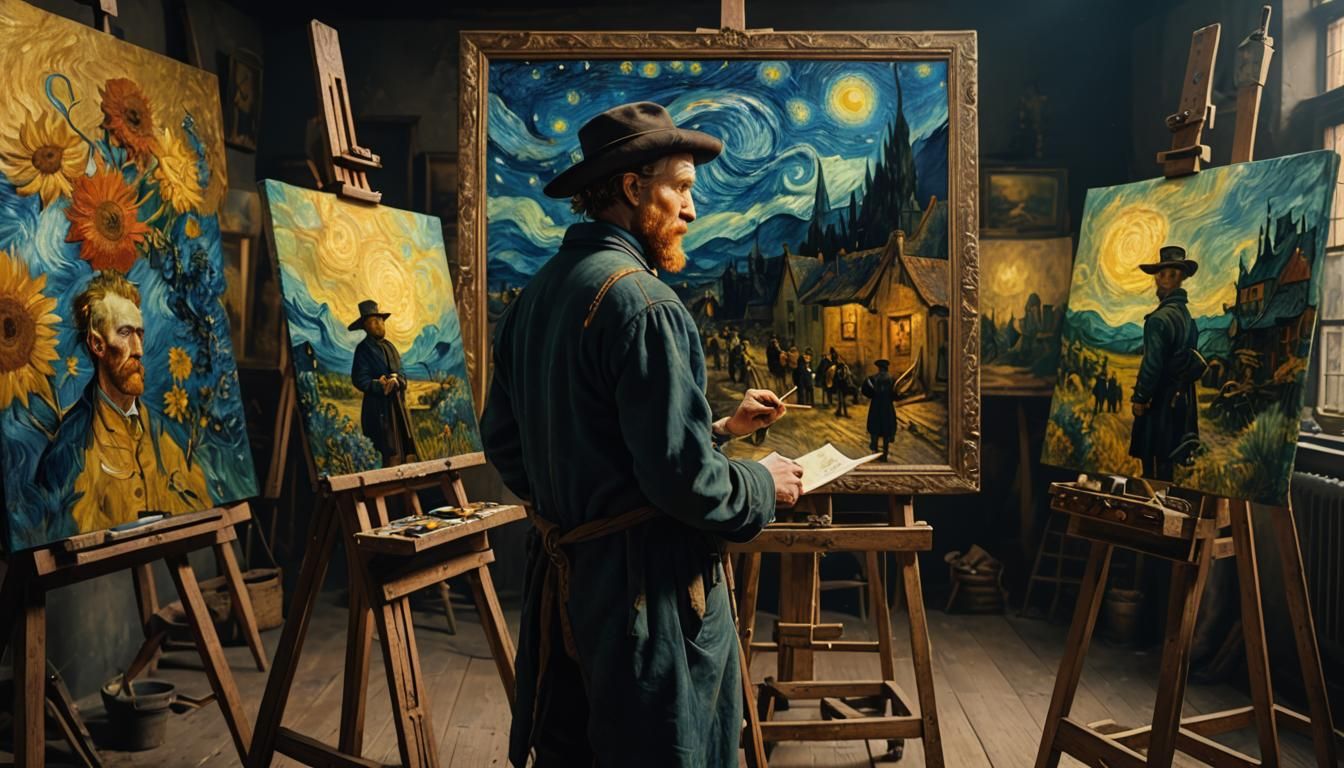 Rembrandt painting of  Van Gogh painting in studio standing ...