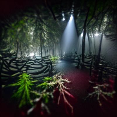 Huge Dark foggy Labyrinth inside a dark forest 8k resolution...