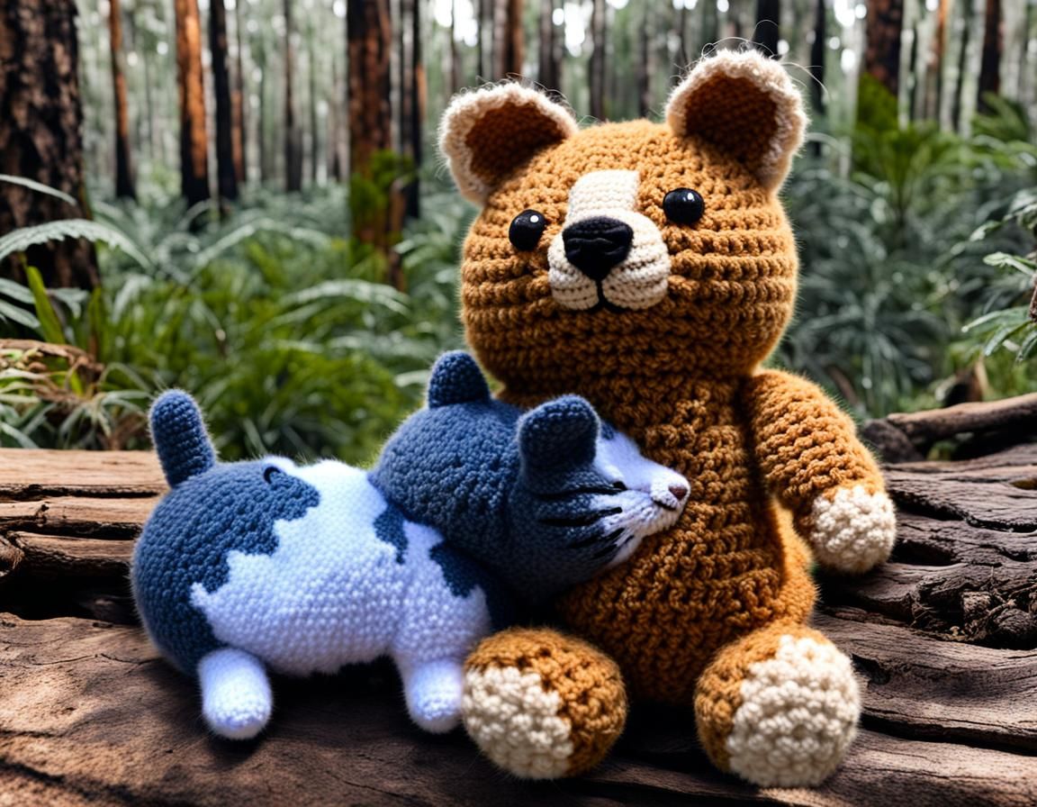a cute crocheted quokka soft toy cuddled up to a fluffy cat ...
