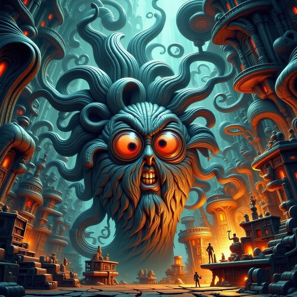 <lora:-PnC Nostalgia-:1.0> crazy scientist, exaggerated features, twisted architecture