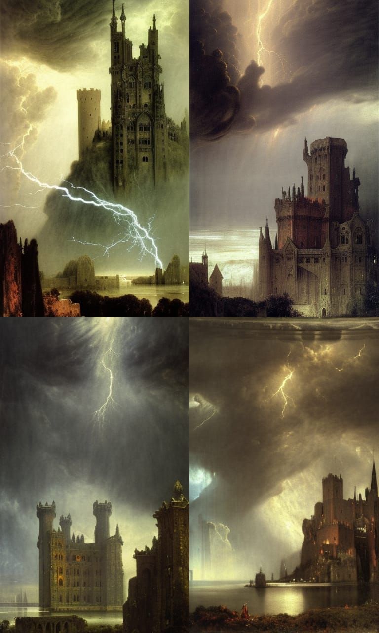 Epic colossal gothic castle, thunderstorm by Arnold Bocklin,...