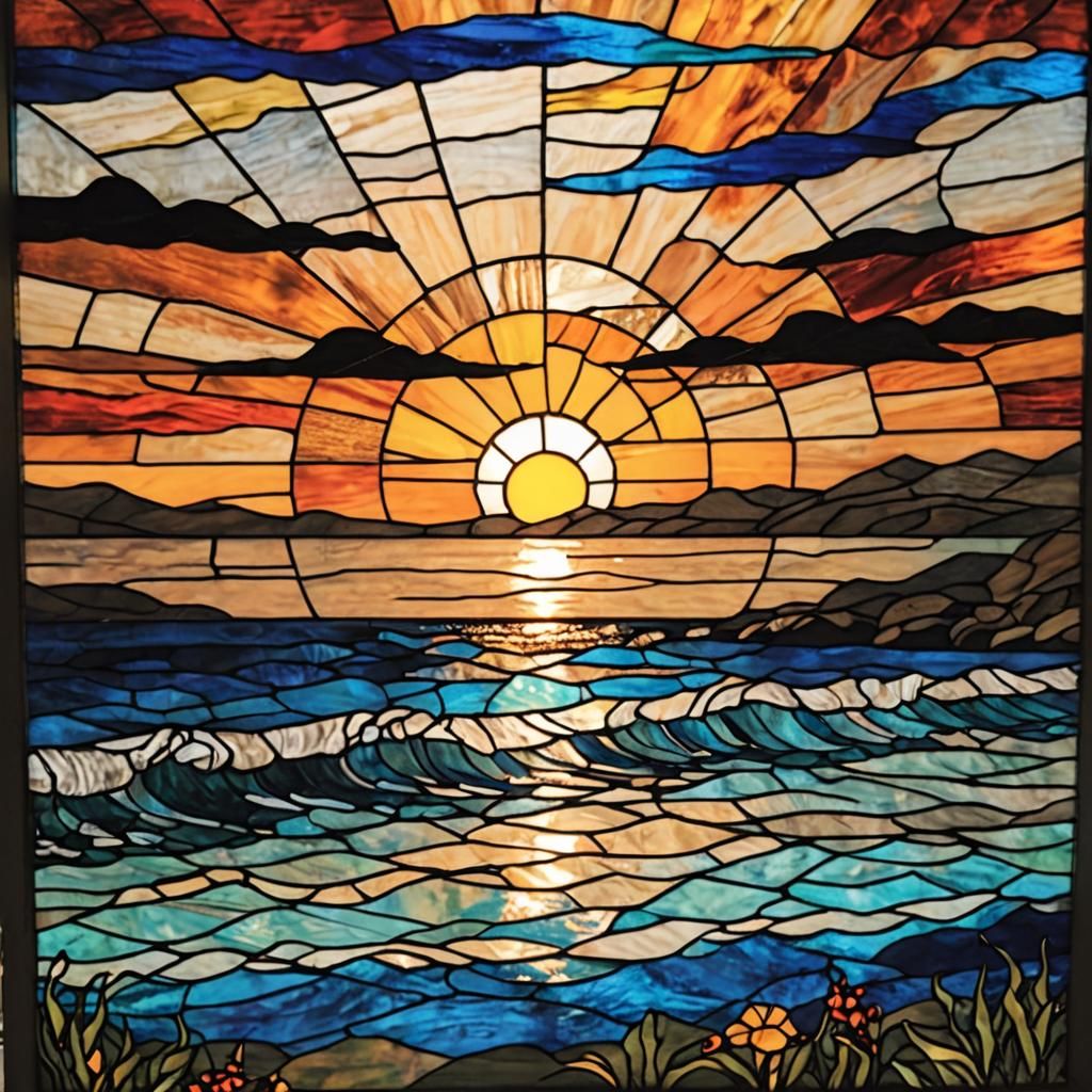 Stained glass sunset by the sea