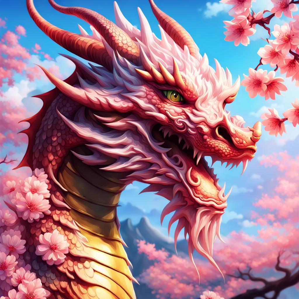 Dragon and Sakura. Hyperrealistic, splash art, concept art, mid shot ...