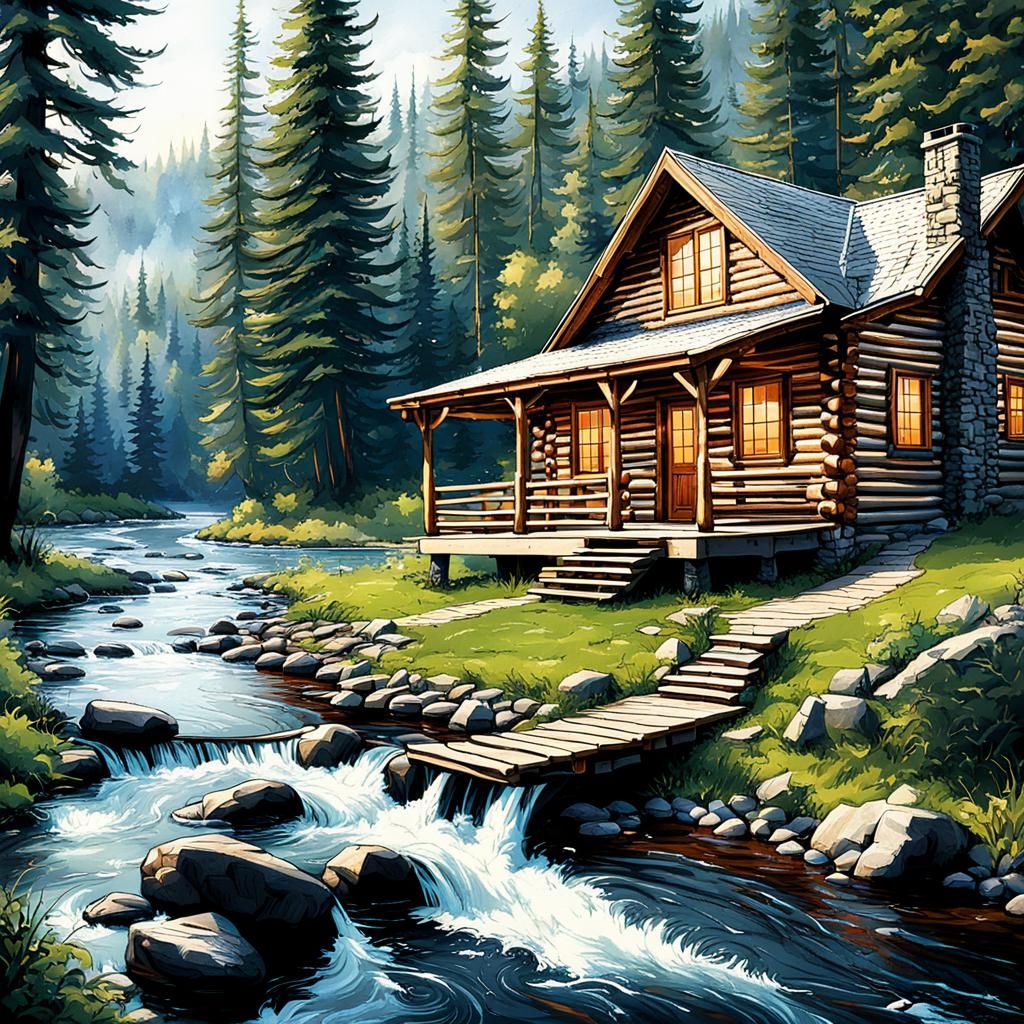 log cabin , woods, river,