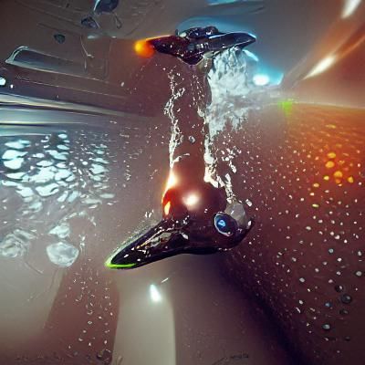 Starship swimming through space liquid