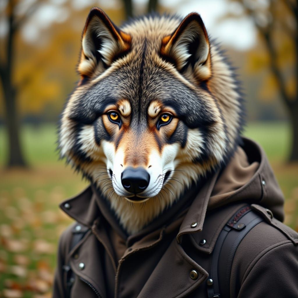 A theriocephalic man with wolf head in the park <lora:Theriocephaly Flux:1.0>