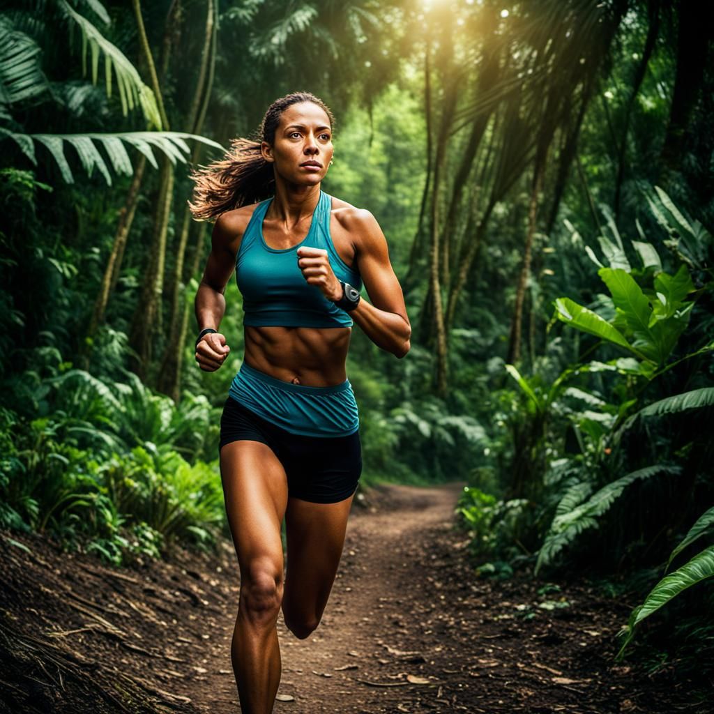 Woman jogging in the Amazonian jungle. Cinematic film still,...