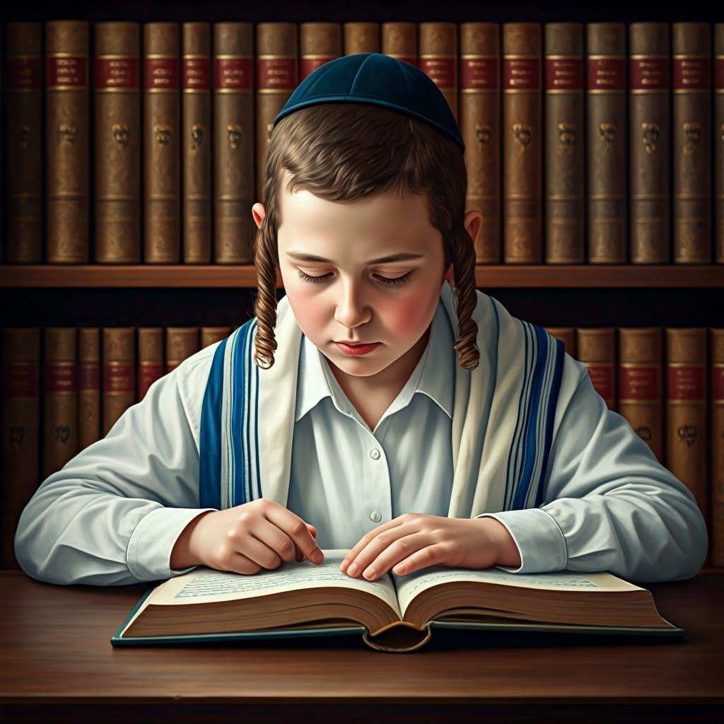 Young Haredi Boy Studies Gemara in Cozy Salon