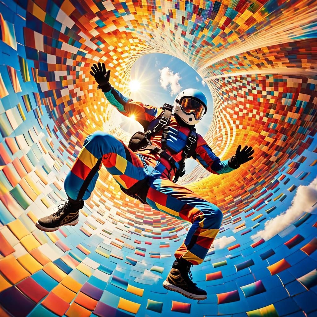 Amazing skydiving in a psichodelic world. Psichodelic art style, colorful, fractal, mosaic, adrrenaline ...  by @Jose