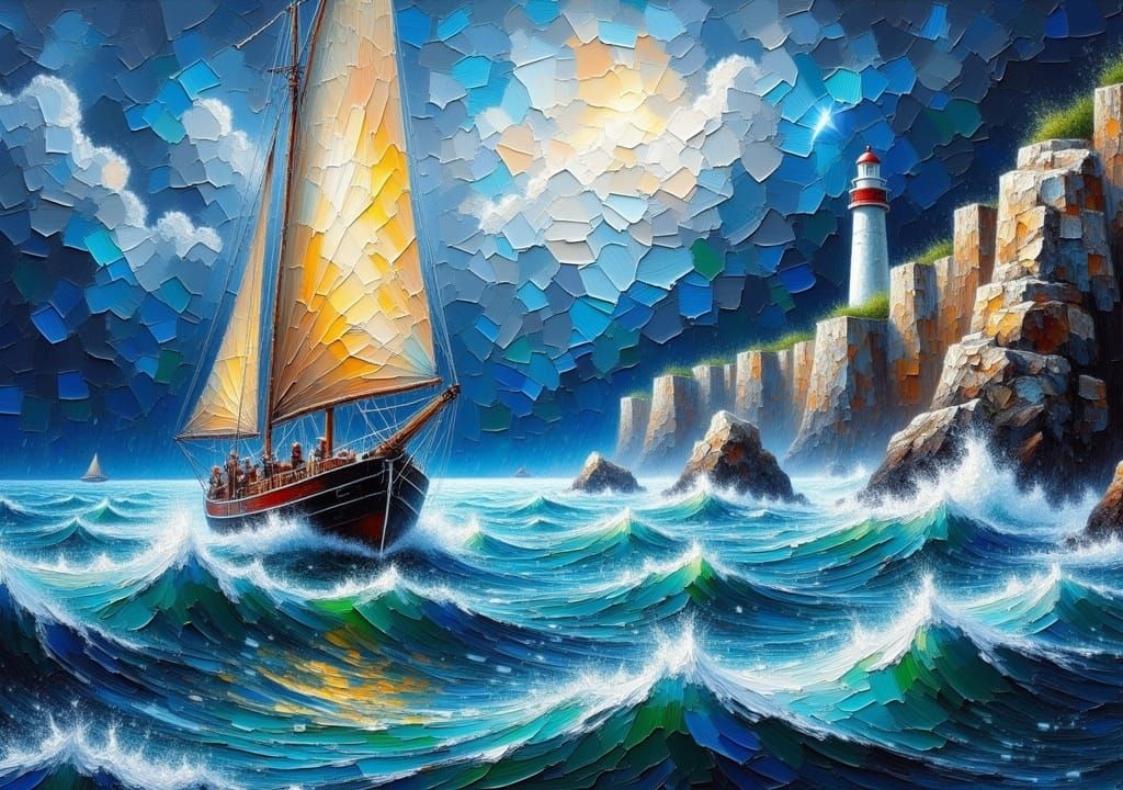 Expressionist impasto close-up painting from a low angle of a masted Sailboat on a turbulent stormy sea. Choppy waves. Background features a...