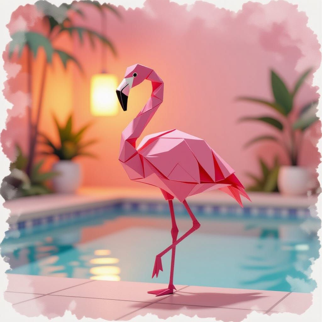 Origami Flamingo in Soft Watercolor Style