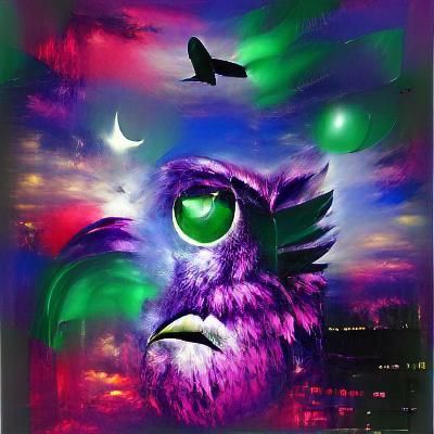 A purple and green owl night sky iridescent pop art poster a...