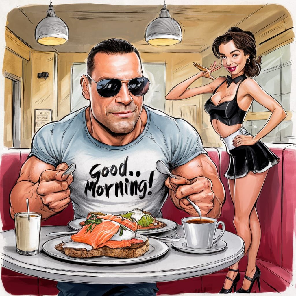Crayon cartoon muscular Tom Hardy with sunglasses dressed in...