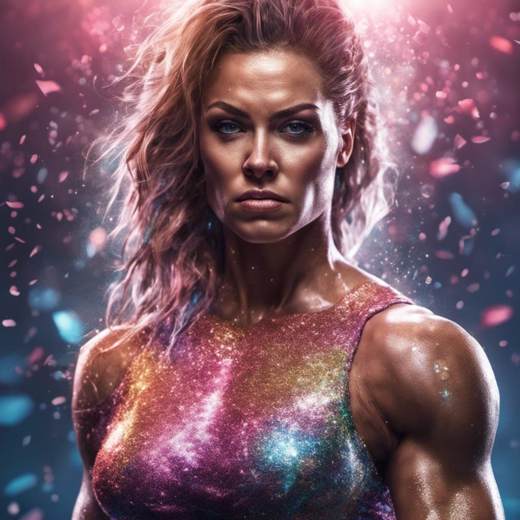 a beautiful muscular female bodybuilder covered in sparkling...