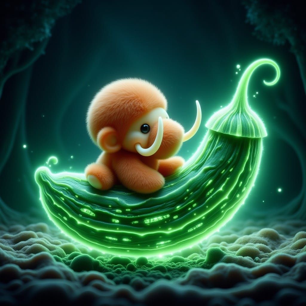 <lora:-Mixperiment Pi-:1.0> chibi mammoth sitting on a bioluminescent giant cucumber, mixed styles