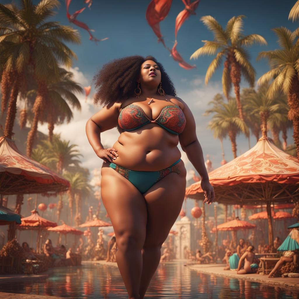 Plus size curvy woman in bikini dancing