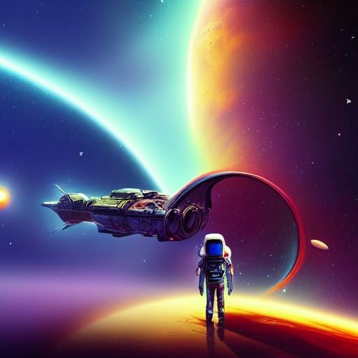 Space explorer and his orbit parked spaceship