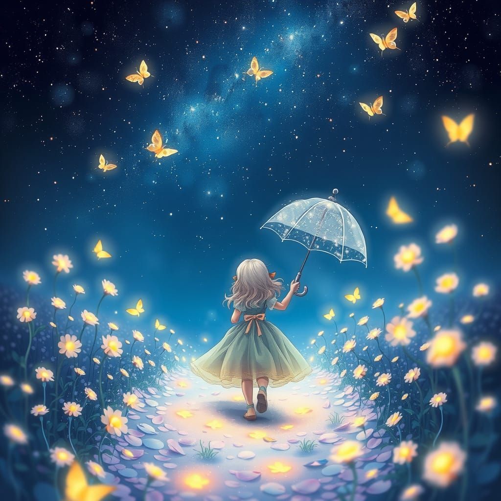 a small cute girl with soft hair and a flowing dress walking away, holding a transparent umbrella, a ...  by @Babasik