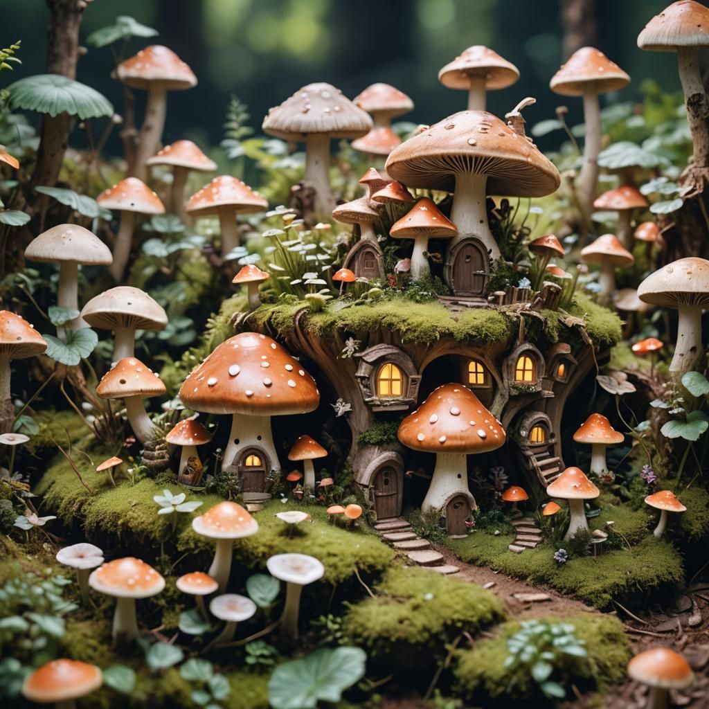 Macro photographic image of a tiny fairy village