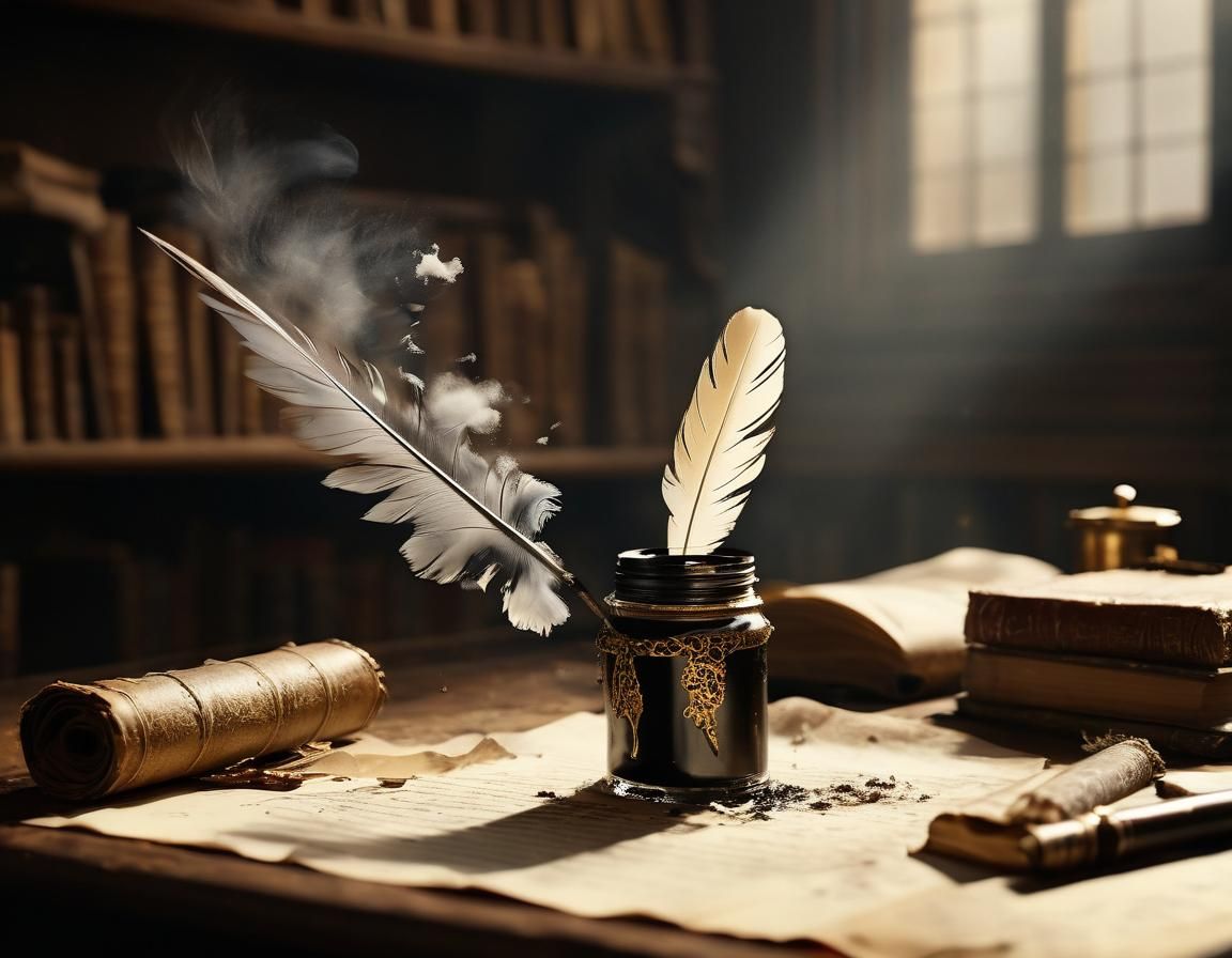 Dramatic Quill and Inkwell Still Life