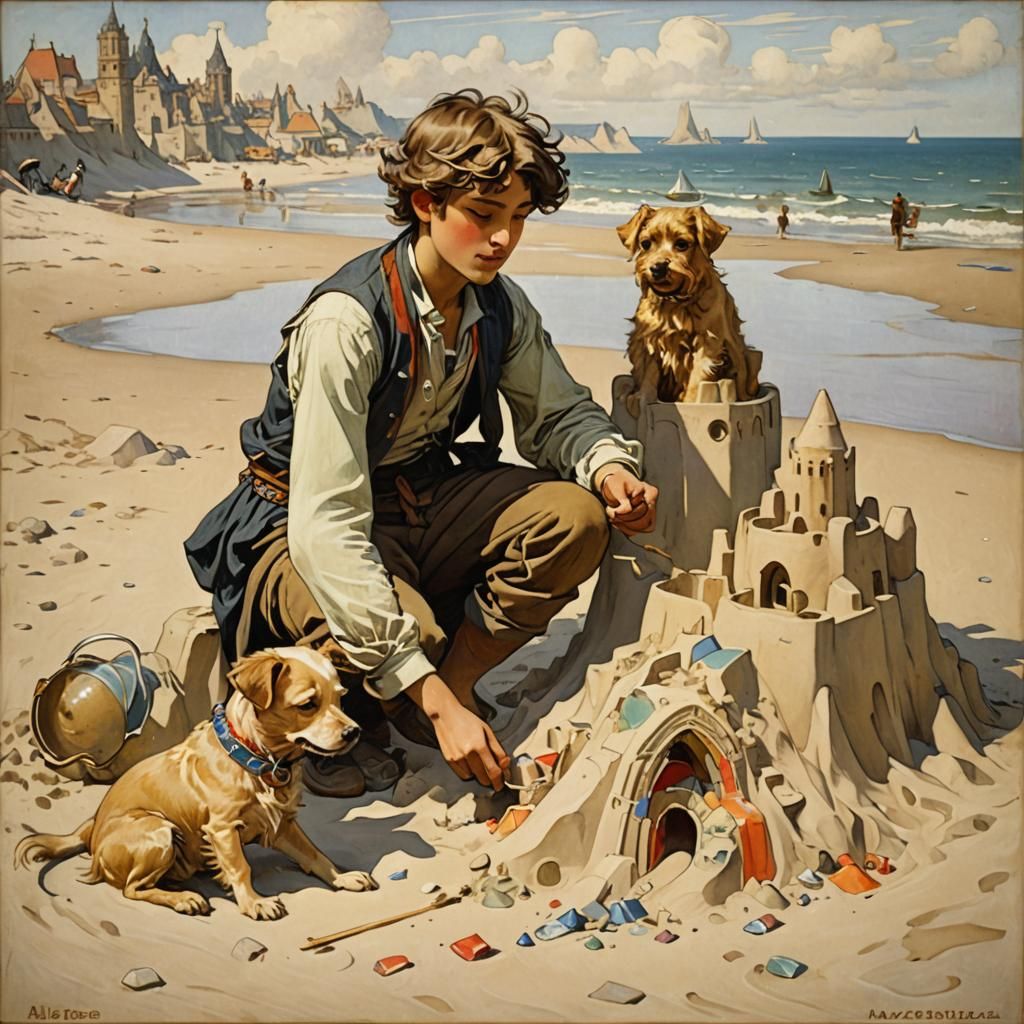 boy and his dog building a colorful sandcastle on the beach ...