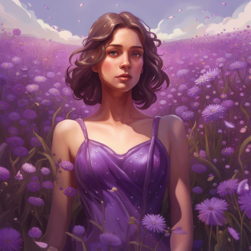 A girl in a purple dress in a field of flowers