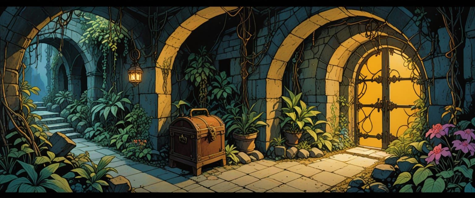 dungeon, mysterious passageway, tunnels, color lighting, stone, polished, vines, tropical plants, flowers, goblins, treasure chest, swords, ...