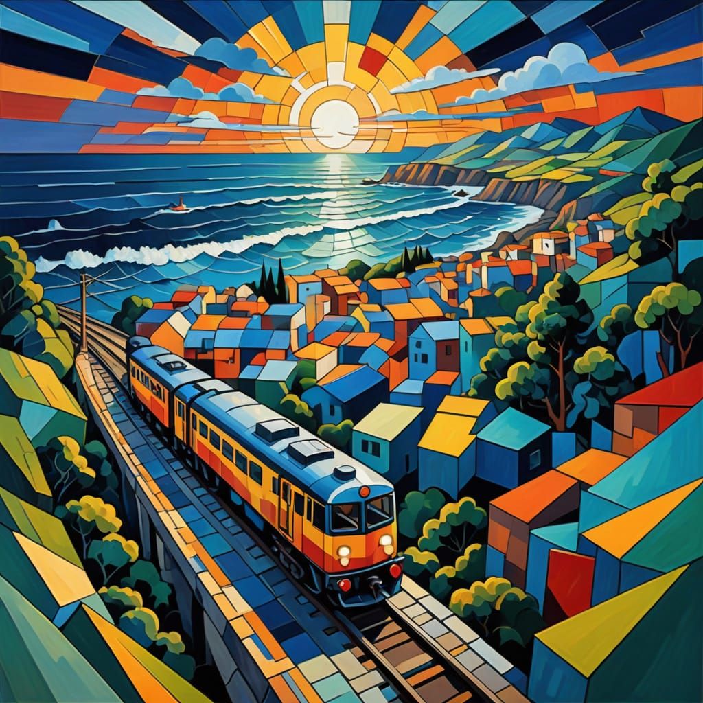 Neo-Expressionist Train on Stormy Coast