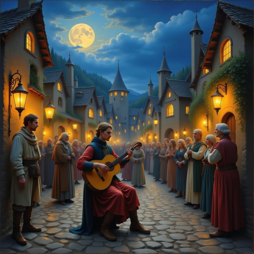 Medieval Village Dusk Concert in Painterly Realism
