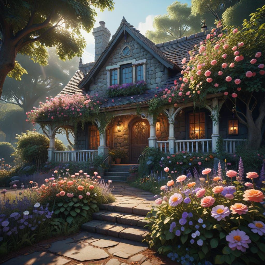 Charming Stone Cottage in Vibrant Fantasy Garden