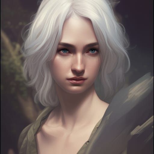 A human female portrait, white hair, commoner clothing, rpg ...