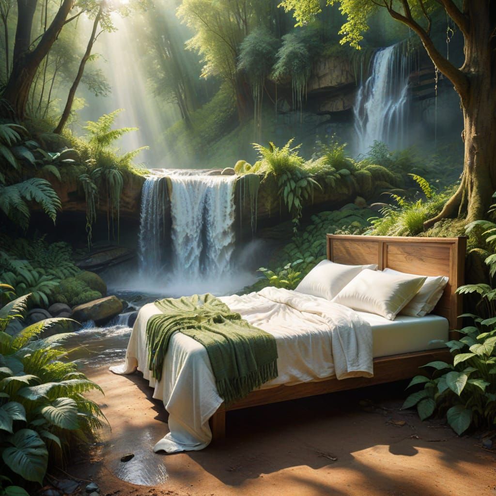 Empty Bed in Nature by Waterfall, Watercolor Art
