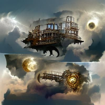 Steampunk werewolf pirate ship in the sky concept art