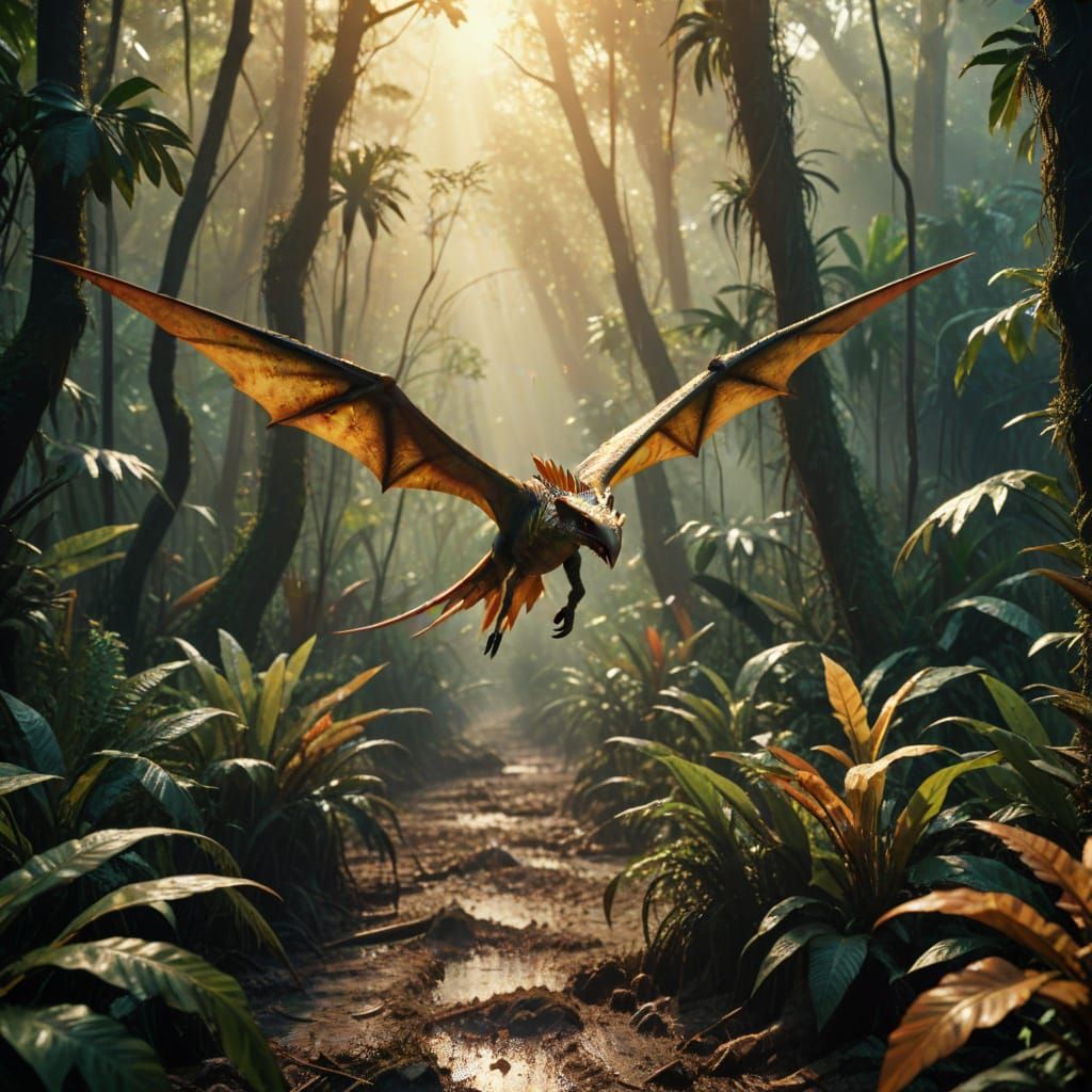 Cinematic film still. Medium shot. Pterodactyl flying over dense jungle vegetation. Close up. ...  by @Kimberly