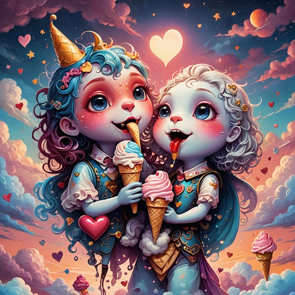 Whimsical Hearts Enjoying a Sunset, Fantasy Art