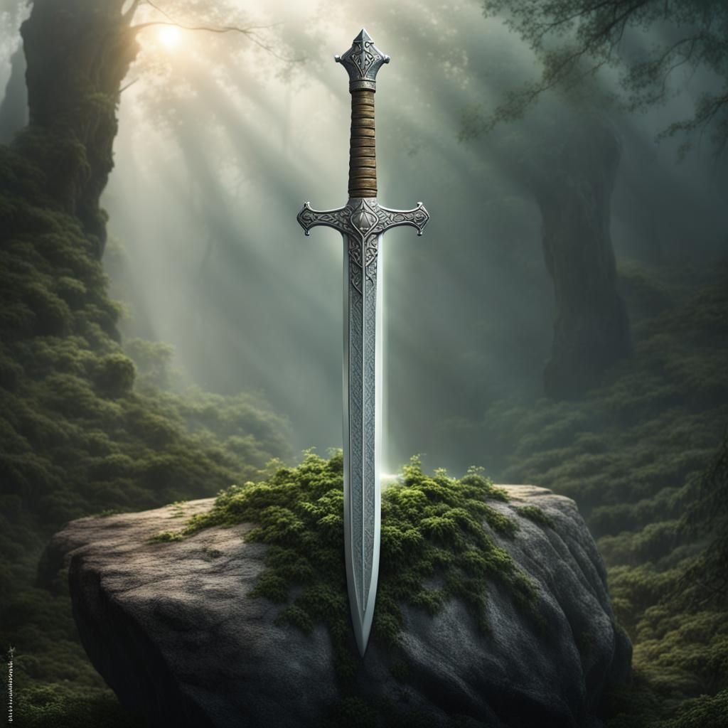 the Excalibur sword  penetrate deep inside  the stone rock, ...