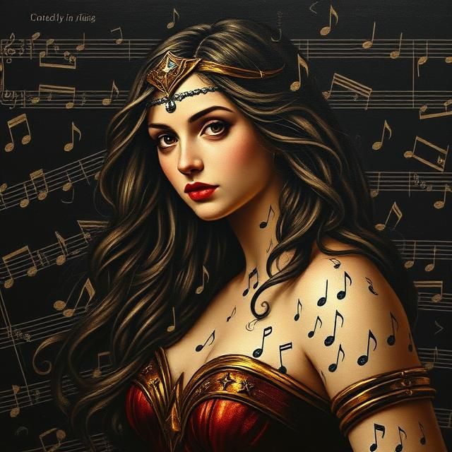 WONDER WOMAN COVERED IN MUSICAL NOTES ON A BLACK MUSICAL NOTE BACKGROUND.