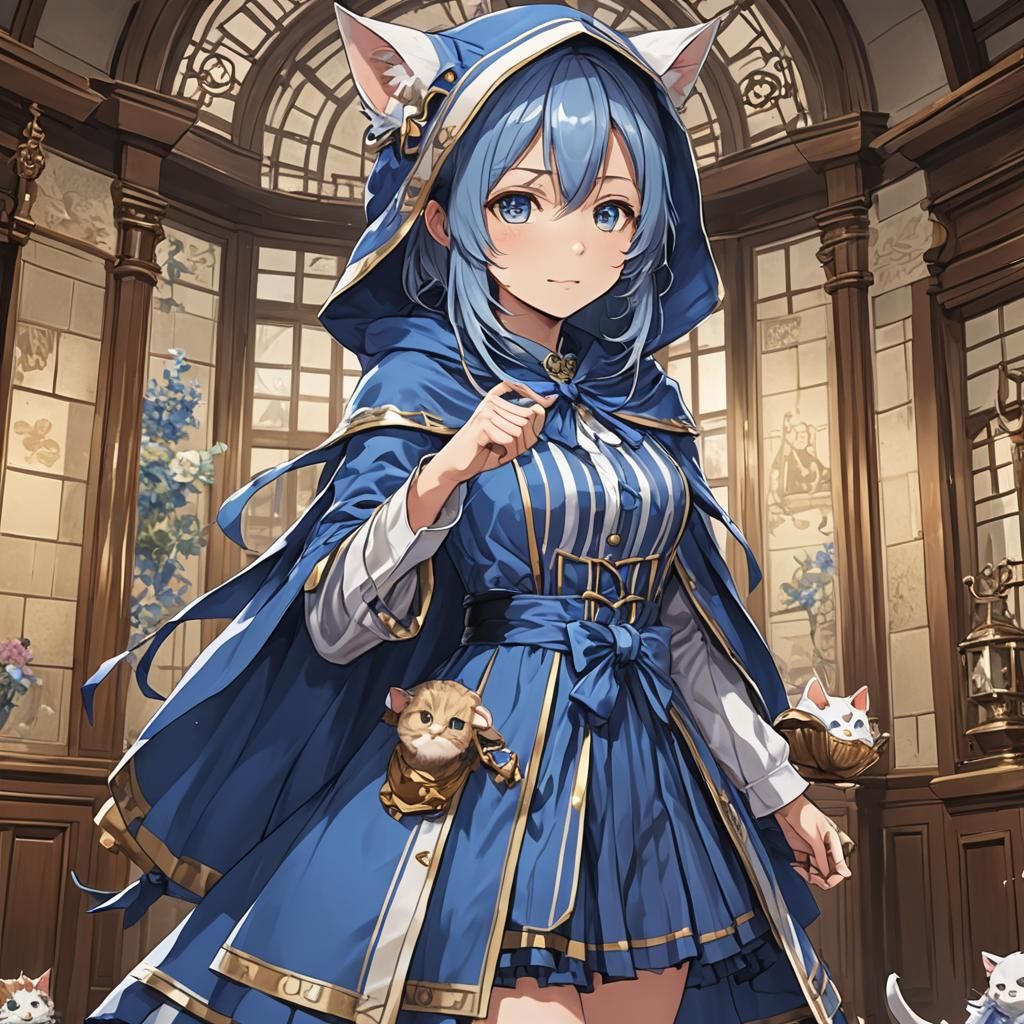 (blue) (striped cloak) (mage) girl "cat ears hood" dress man...