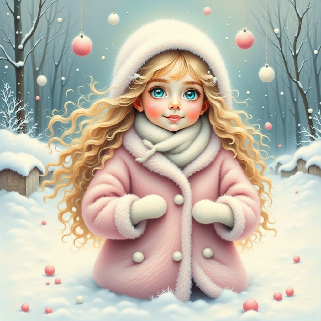 <lora:Lovely portrait:1.0> A beautiful little girl playing in the snow, with big blue eyes, long hair, and wearing an oversized pastel coat....