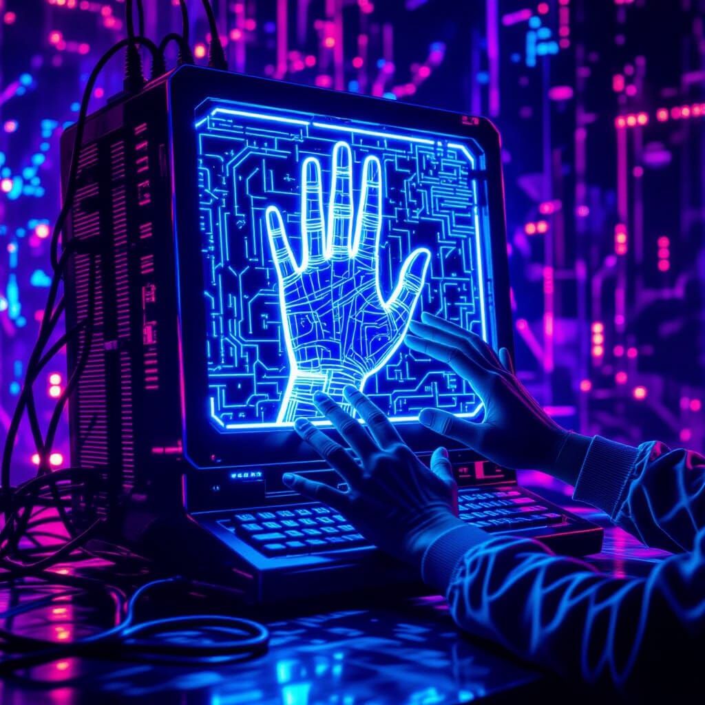 Giant Neon Computer Traps User in Surreal Digital Grasp