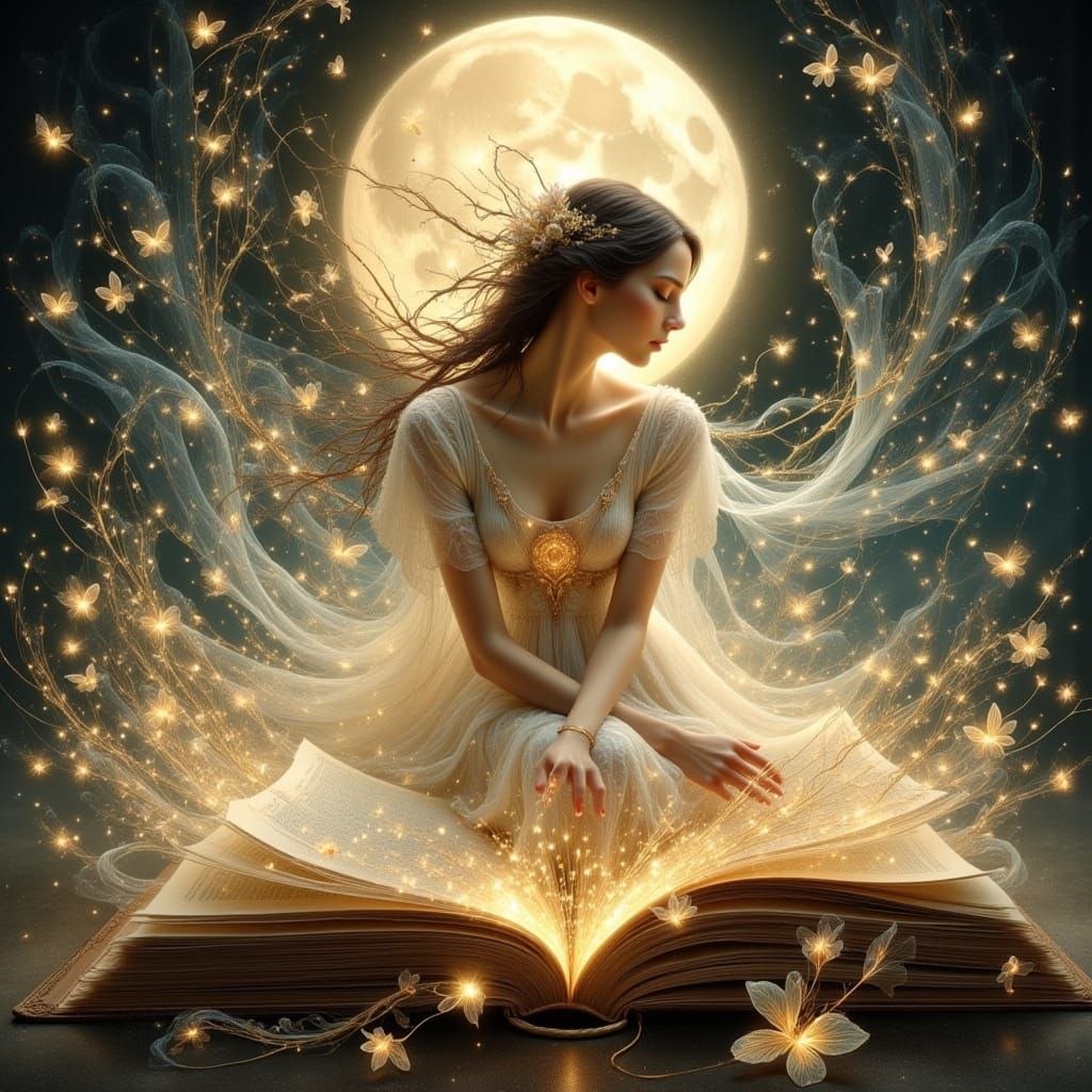 Whimsical Fairy on Ancient Book in Moonlit Glade
