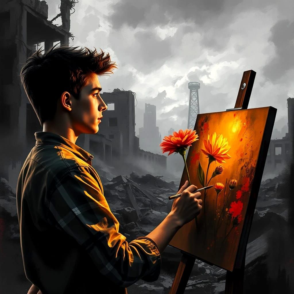 A man painting a flower in a war-torn city