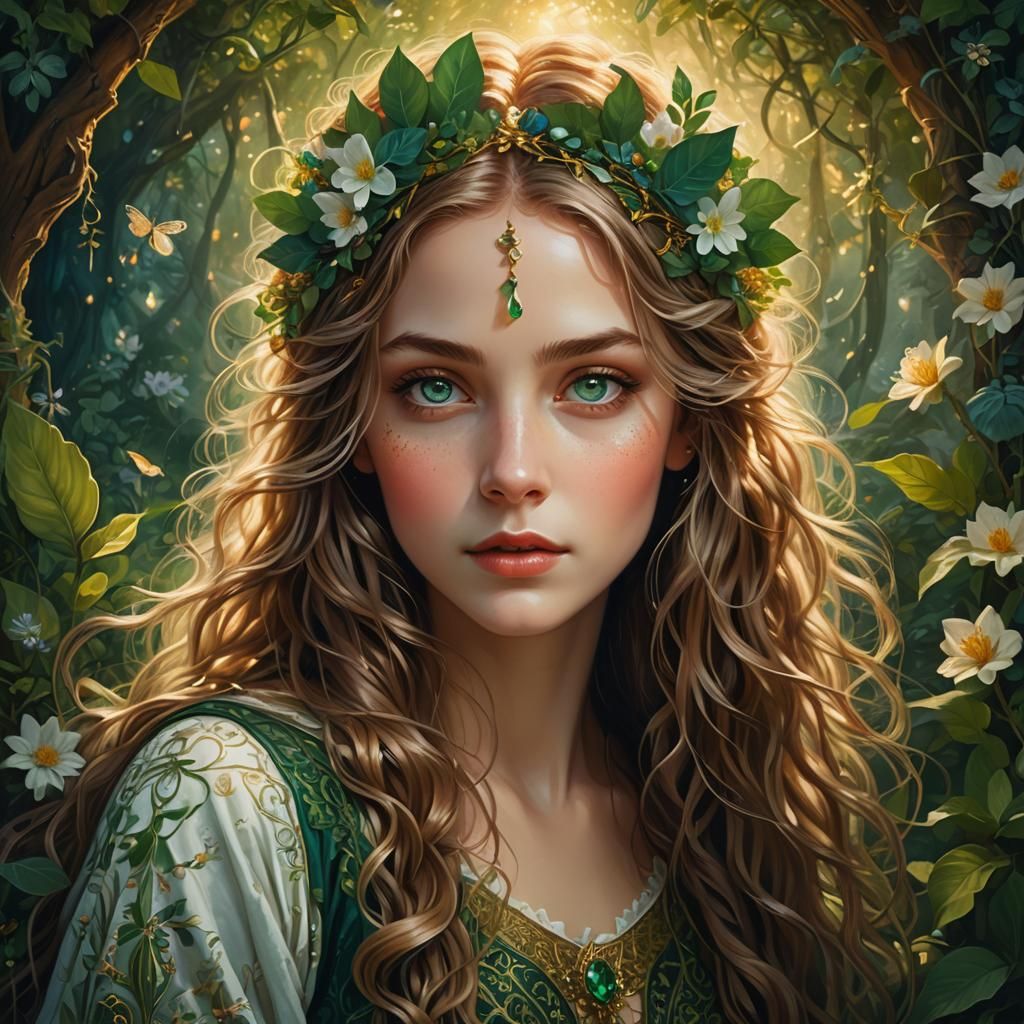 Ethereal Maiden in Lush Fantasy Landscape