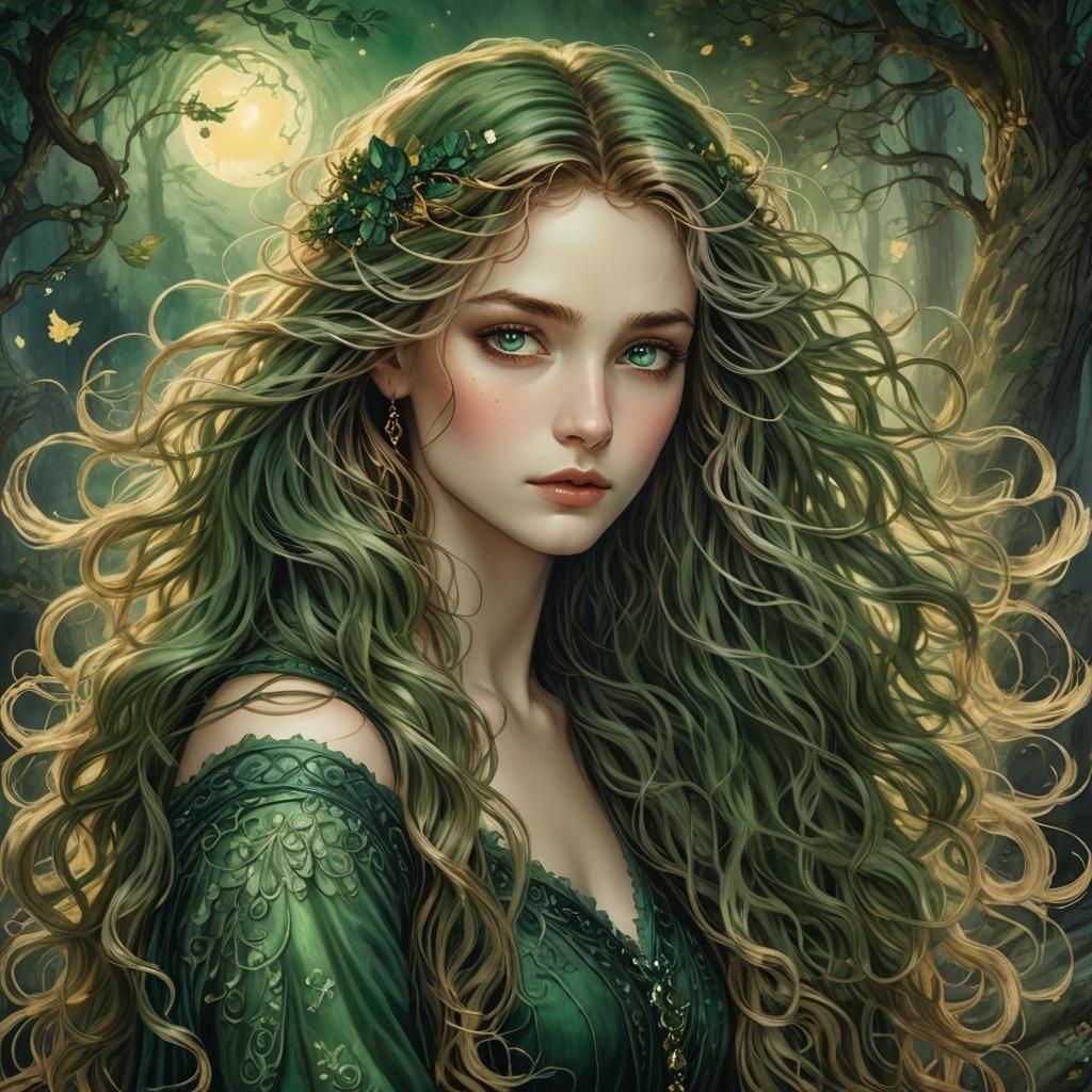 Magical Being with Emerald Eyes in Rackham Watercolor Style