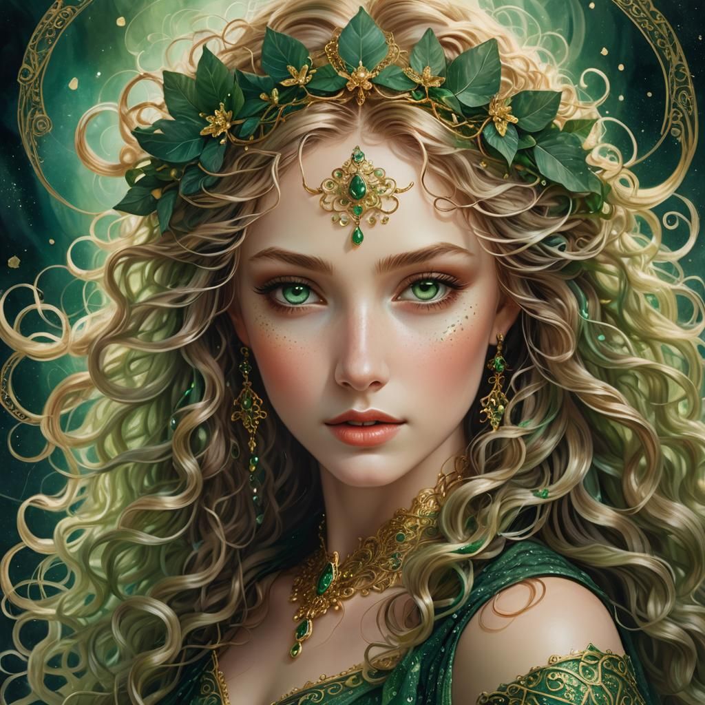 Enchanting Maiden Portrait in Emerald and Gold