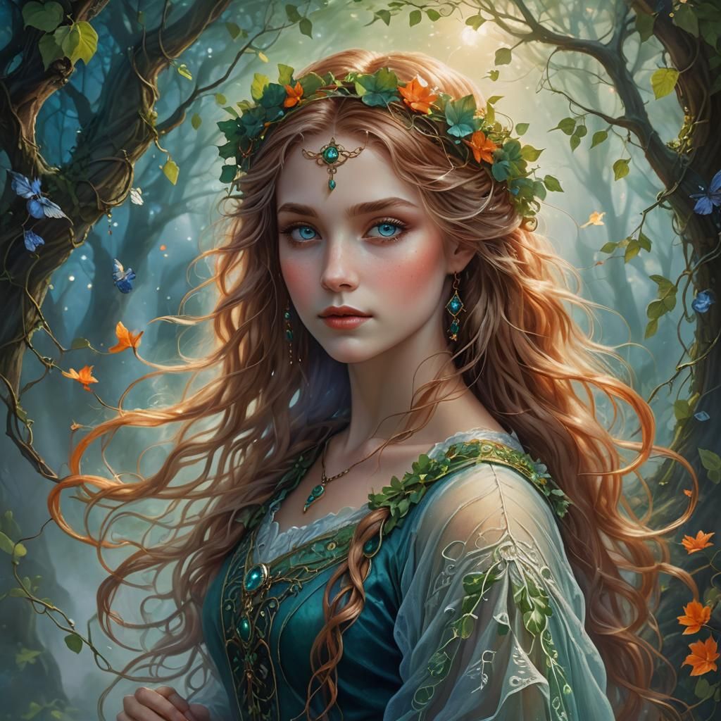 Enchanting Maiden in Misty Fantasy Landscape