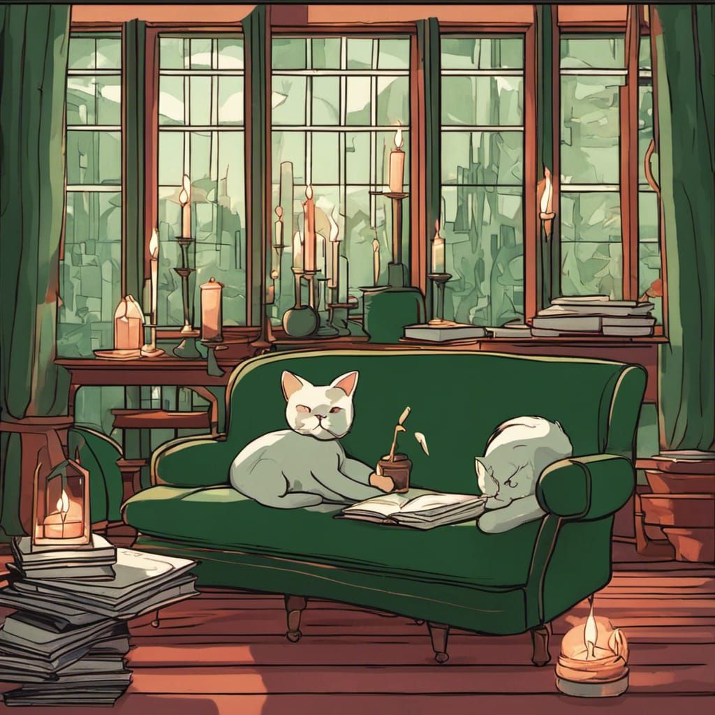 At home library with candles and kitty on a green velvet cou...