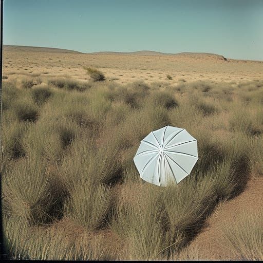 a white umbrella in a brush desert, in a 1950s photograph st...