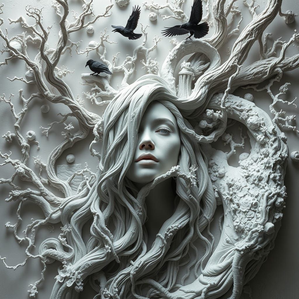 A surreal clay sculpture that reimagines a woman's hair into elements of nature, animals, and architecture ...  by @Swangrace 